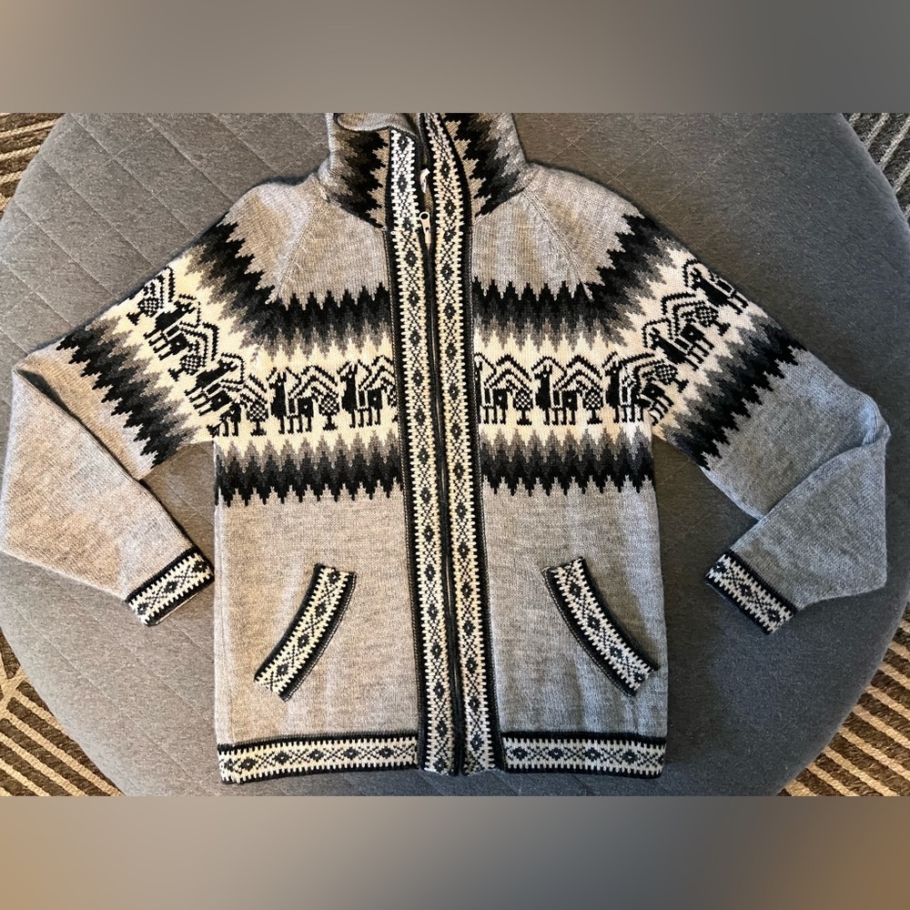 ALPACA Wool Medium Grey Black Hooded Sweater - Picture 2 of 8